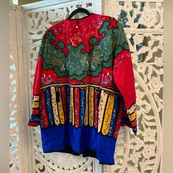 Rare Retro Embroidered Bedazzled Bright Colorful Vintage Silk Kimono Coat Jacket - Picture 4 of 13